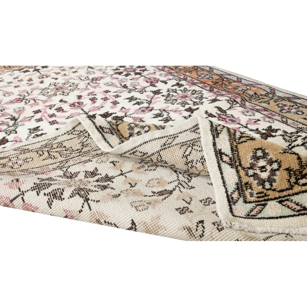 Authentic Handmade Vintage Turkish Wool Accent Rug with Colorful Flowers