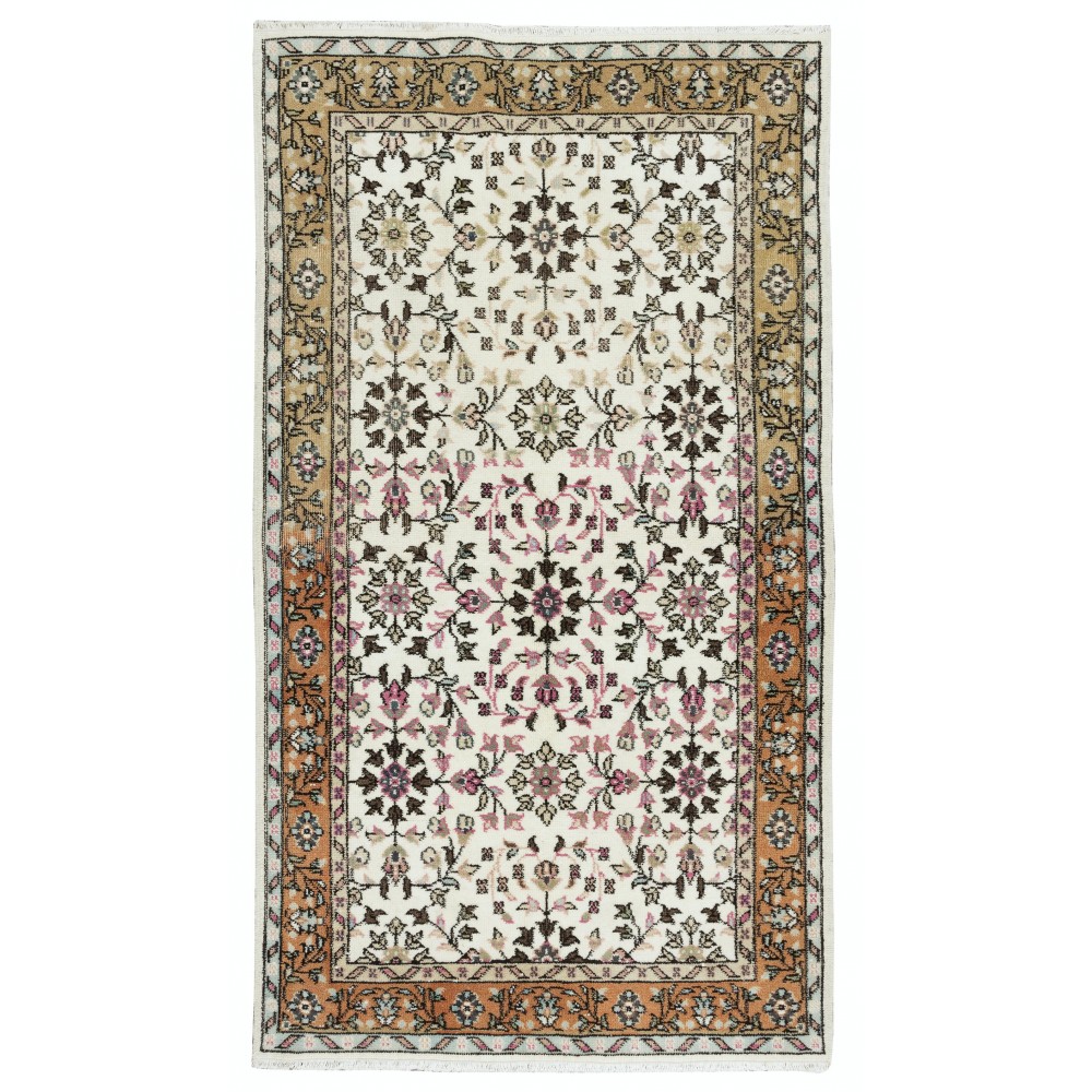 Authentic Handmade Vintage Turkish Wool Accent Rug with Colorful Flowers