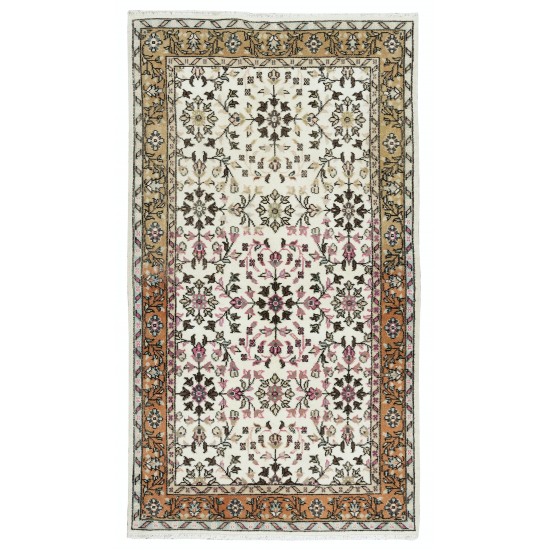 Authentic Handmade Vintage Turkish Wool Accent Rug with Colorful Flowers