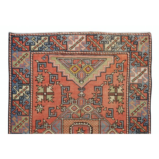 Traditional Vintage Hand Knotted Turkish Wool Rug with Geometric Design