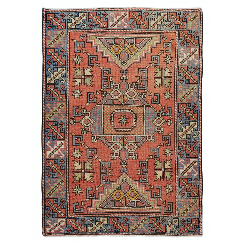 Traditional Vintage Hand Knotted Turkish Wool Rug with Geometric Design