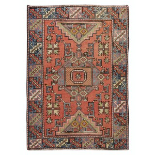 Traditional Vintage Hand Knotted Turkish Wool Rug with Geometric Design