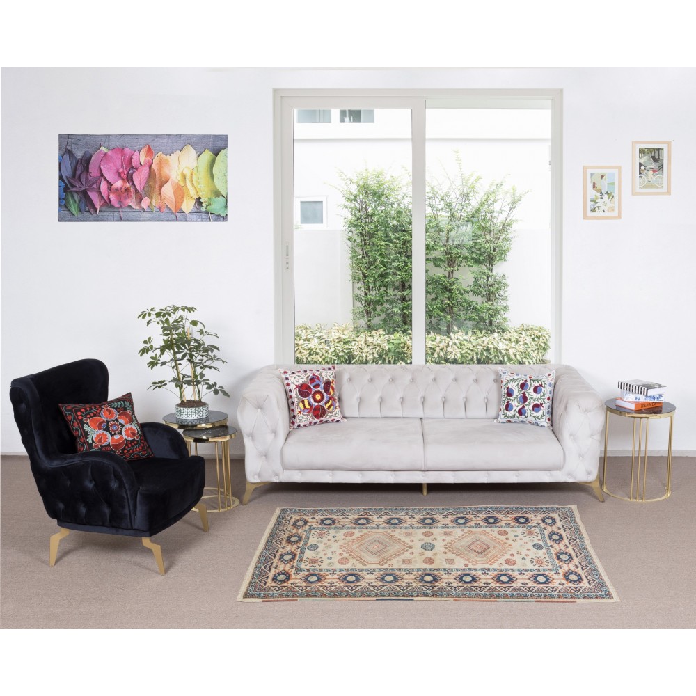Hand-Made Anatolian Rug with Two Geometric Medallions, 100% Wool