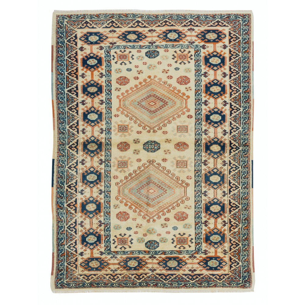 Hand-Made Anatolian Rug with Two Geometric Medallions, 100% Wool