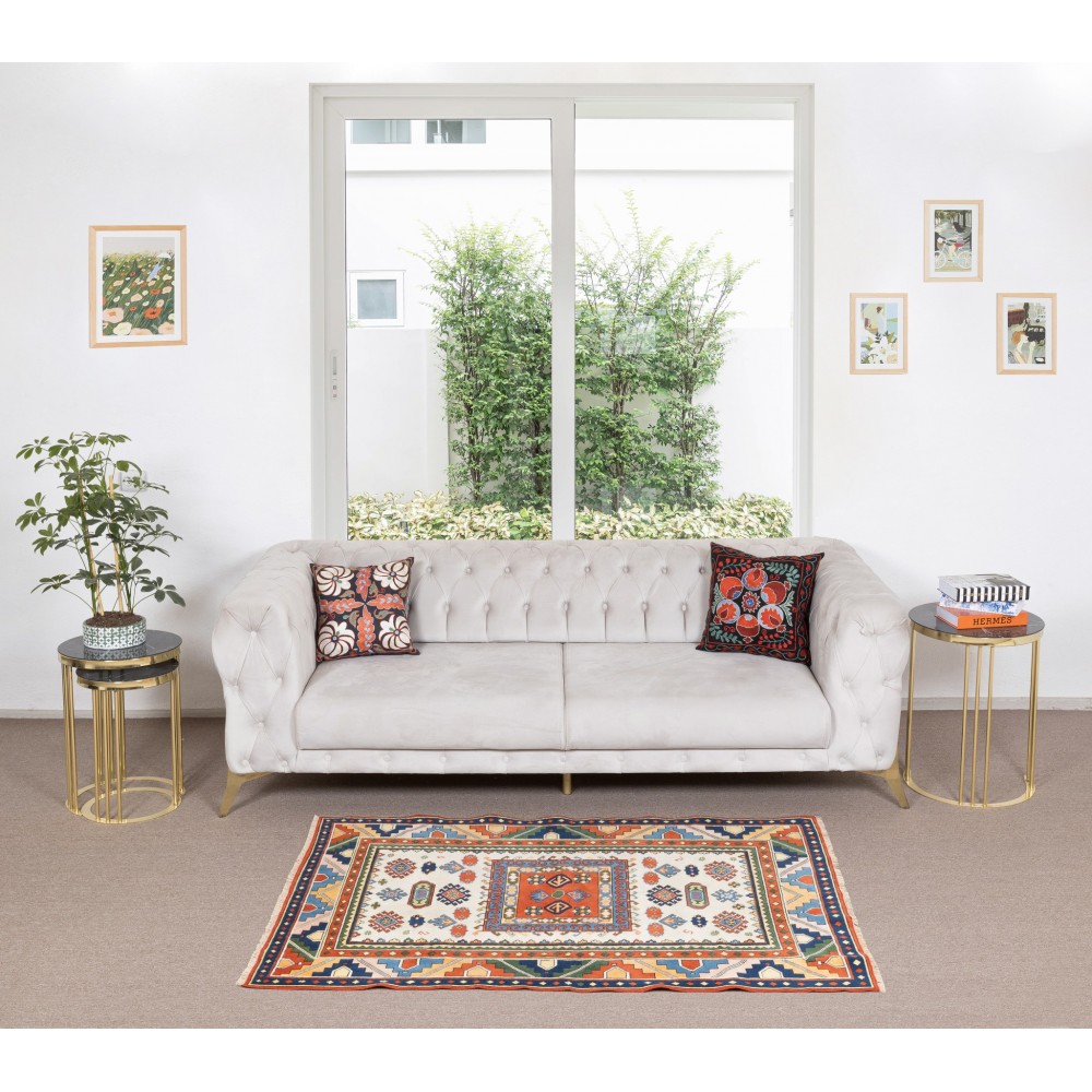 Multicolor Hand Made Turkish Rug, Geometric Pattern Small Carpet, 100% Wool