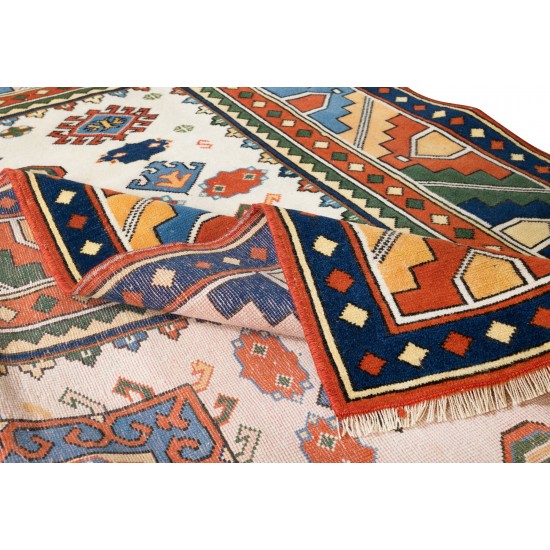 Multicolor Hand Made Vintage Turkish Wool Rug, Geometric Pattern 1970s Small Carpet