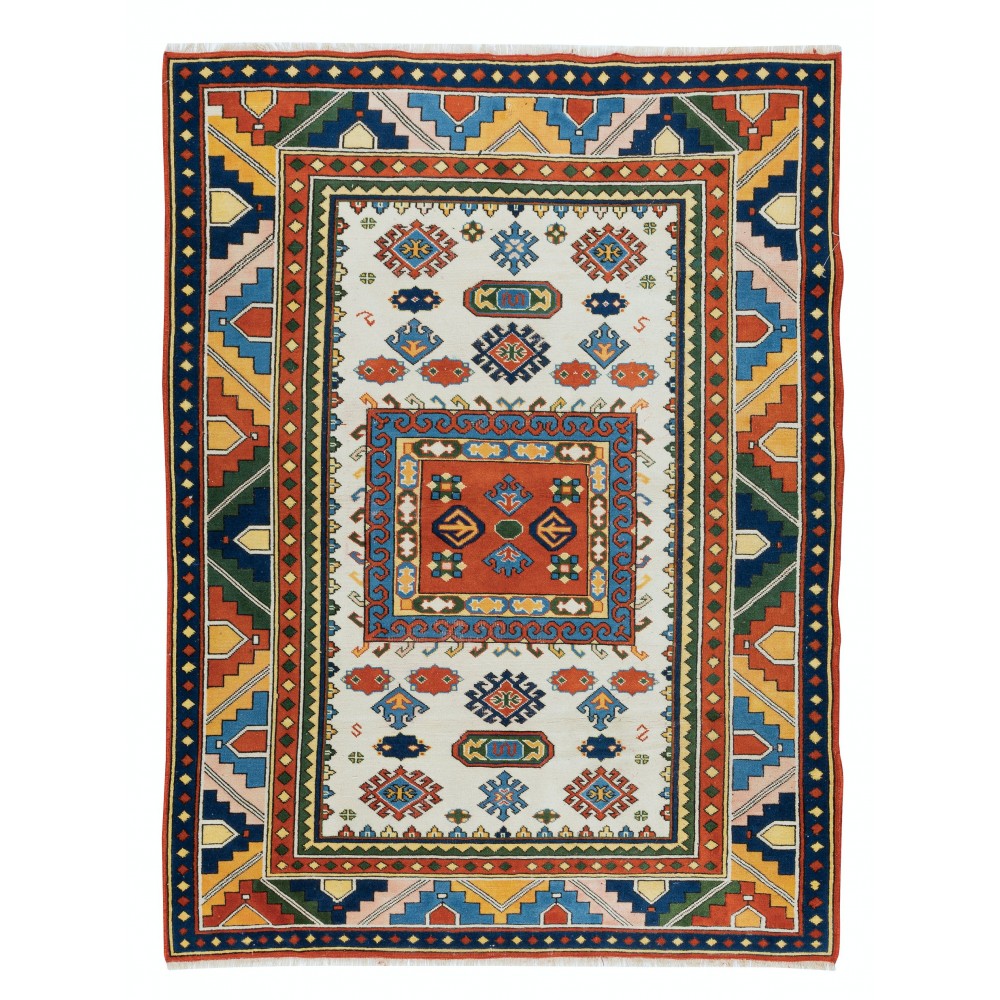 Multicolor Hand Made Turkish Rug, Geometric Pattern Small Carpet, 100% Wool