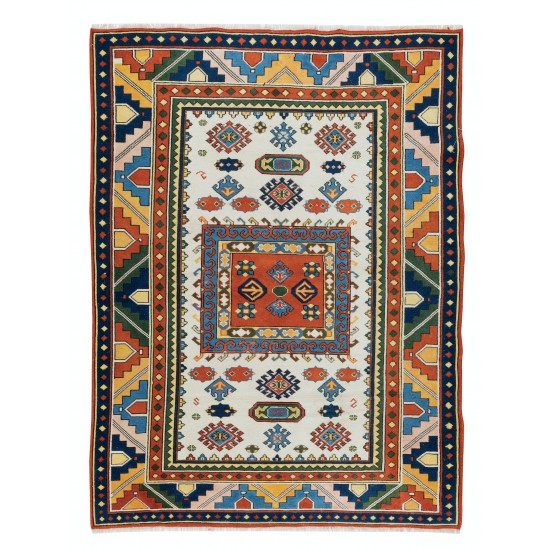 Multicolor Hand Made Vintage Turkish Wool Rug, Geometric Pattern 1970s Small Carpet