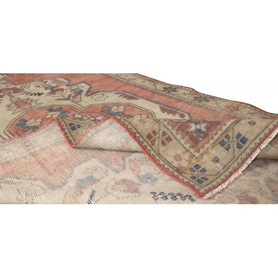 Hand Knotted Vintage Turkish Rug in Red, Blue & Beige Colors with Medallion Design