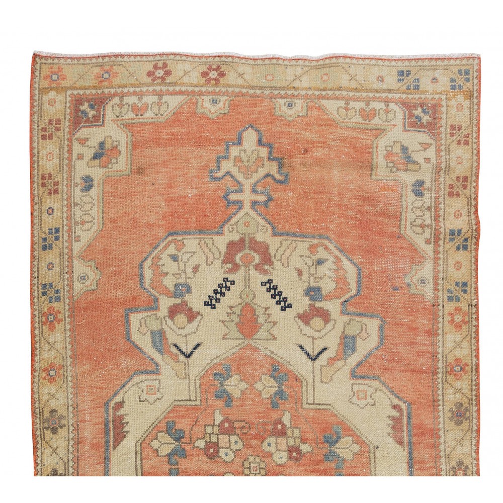 Hand Knotted Vintage Turkish Rug in Red, Blue & Beige Colors with Medallion Design