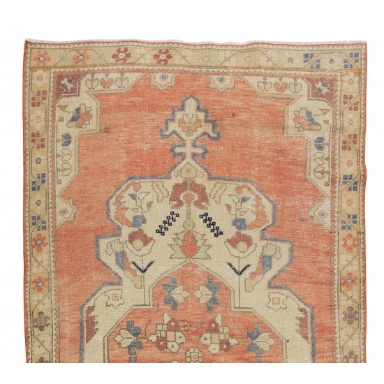 Hand Knotted Vintage Turkish Rug in Red, Blue & Beige Colors with Medallion Design