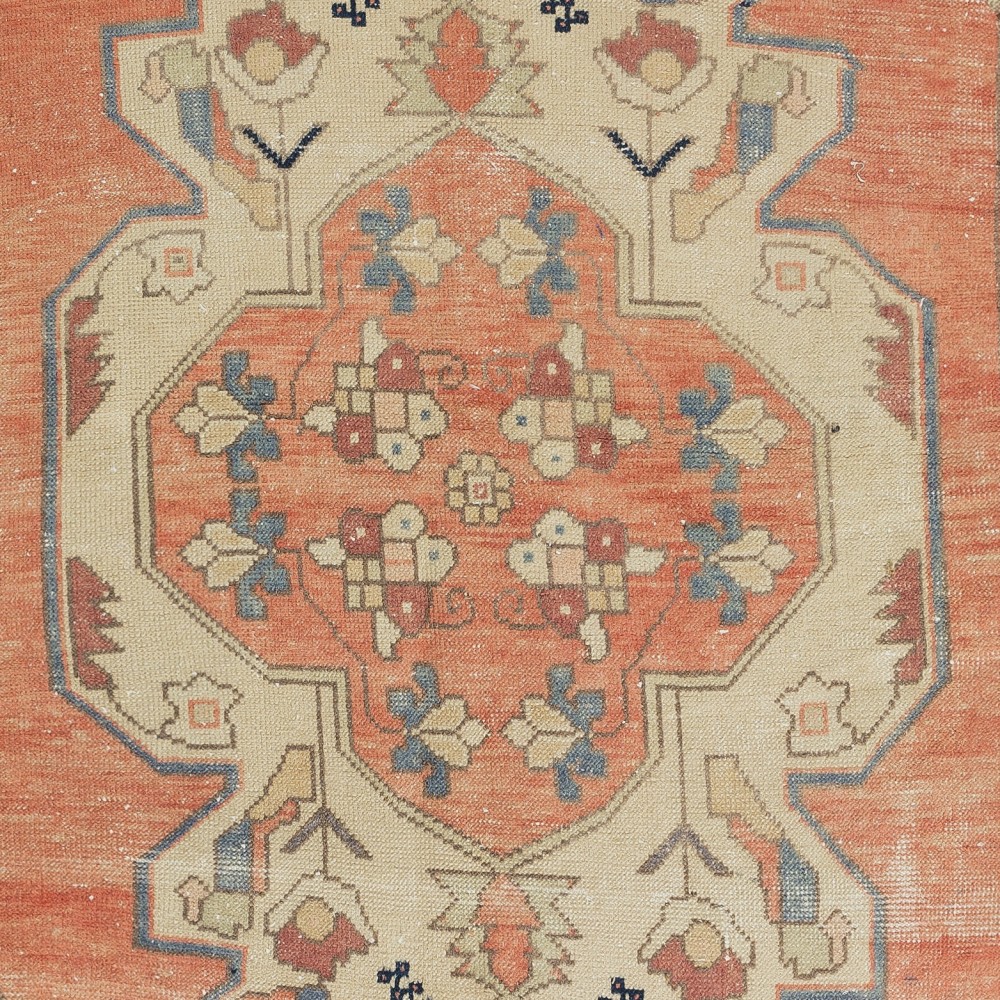 Hand Knotted Vintage Turkish Rug in Red, Blue & Beige Colors with Medallion Design Hand Knotted Vintage Turkish Rug in Red, Blue & Beige Colors with Medallion Design