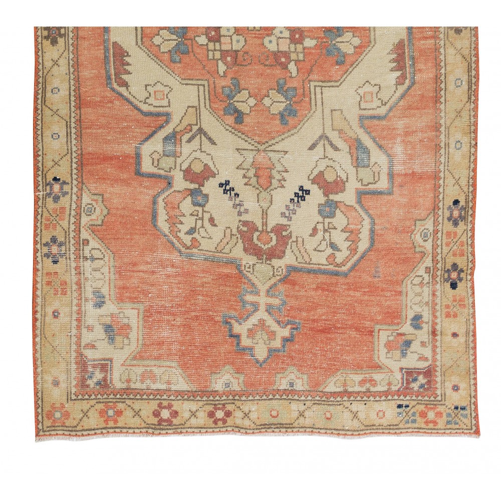 Hand Knotted Vintage Turkish Rug in Red, Blue & Beige Colors with Medallion Design