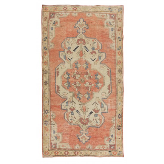 Hand Knotted Vintage Turkish Rug in Red, Blue & Beige Colors with Medallion Design