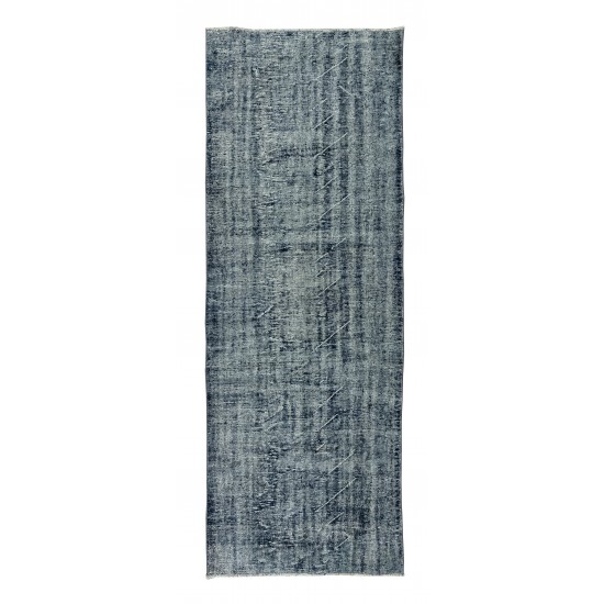 Distressed Vintage Handmade Anatolian Runner Rug Over-Dyed in Navy Blue for Hallway Decor