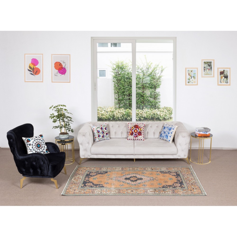 Traditional Vintage Hand Knotted Turkish Wool Rug, One-of-a-Kind Geometric Medallion Design Carpet