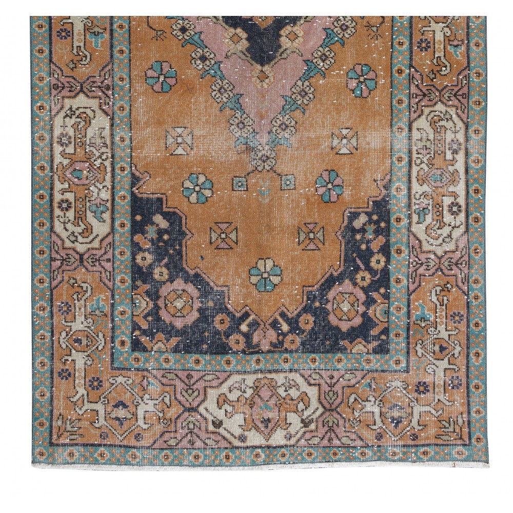 Traditional Vintage Hand Knotted Turkish Wool Rug, One-of-a-Kind Geometric Medallion Design Carpet