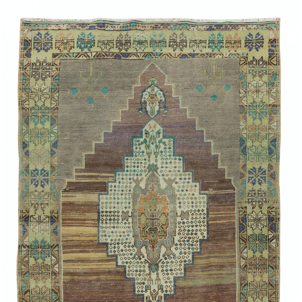 One-of-a-Kind Vintage Hand-Made Anatolian Wool Rug with Two Geometric Medallions