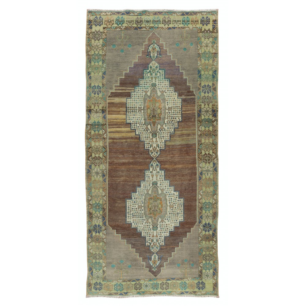 One-of-a-Kind Vintage Hand-Made Anatolian Wool Rug with Two Geometric Medallions