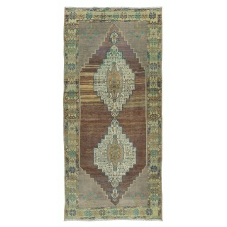 One-of-a-Kind Vintage Hand-Made Anatolian Wool Rug with Two Geometric Medallions