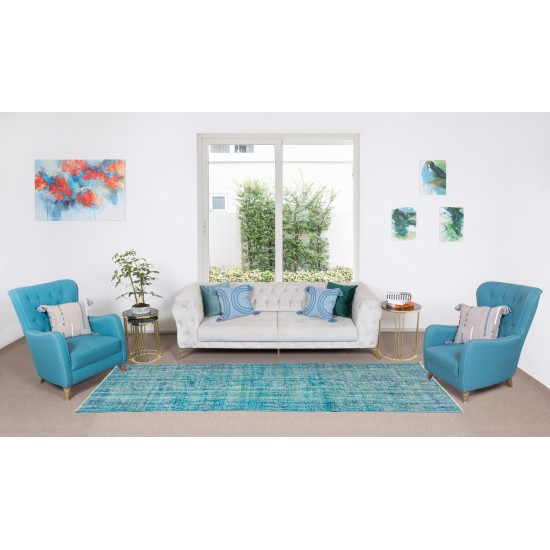 Contemporary Vintage Handmade Anatolian Runner Rug Over-Dyed in Teal Color for Hallway Decor Contemporary Vintage Handmade Anatolian Runner Rug Over-Dyed in Teal Color for Hallway Decor