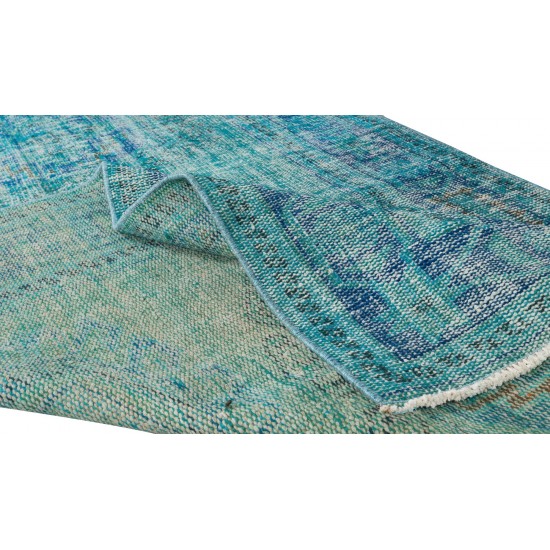 Contemporary Vintage Handmade Anatolian Runner Rug Over-Dyed in Teal Color for Hallway Decor