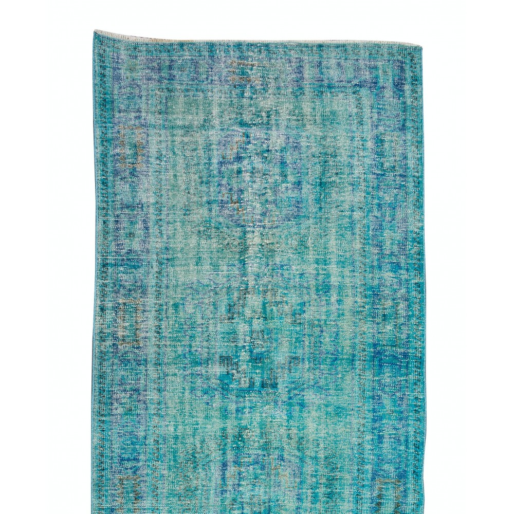 Contemporary Handmade Turkish Runner Rug Over-Dyed in Teal Color for Hallway Decor