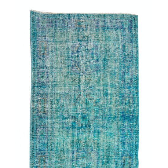 Contemporary Vintage Handmade Anatolian Rug Over-Dyed in Teal Color for Hallway Decor