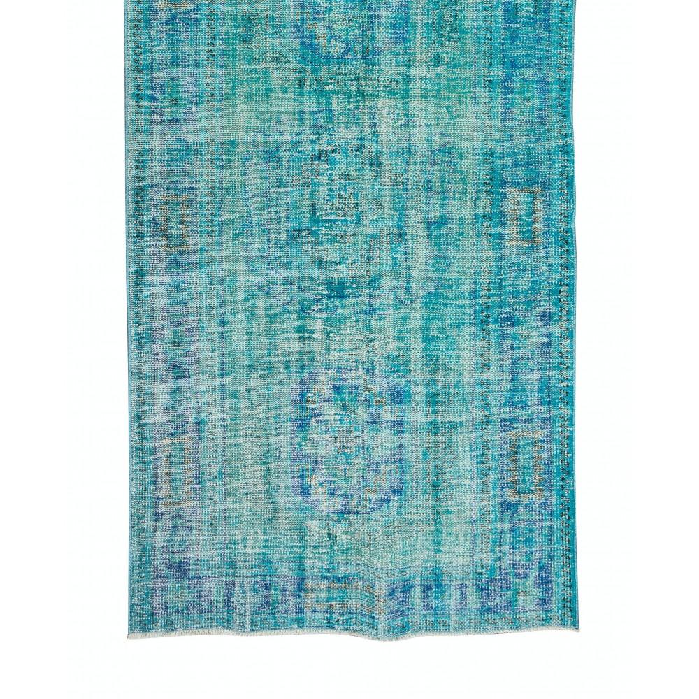 Contemporary Handmade Turkish Runner Rug Over-Dyed in Teal Color for Hallway Decor