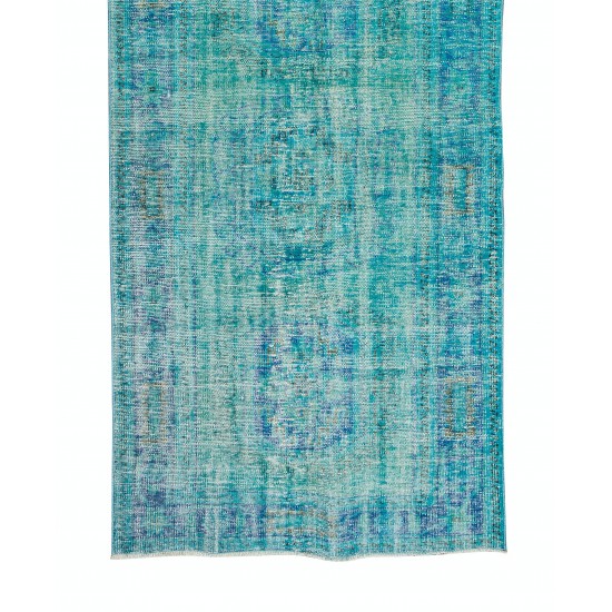 Contemporary Vintage Handmade Anatolian Runner Rug Over-Dyed in Teal Color for Hallway Decor