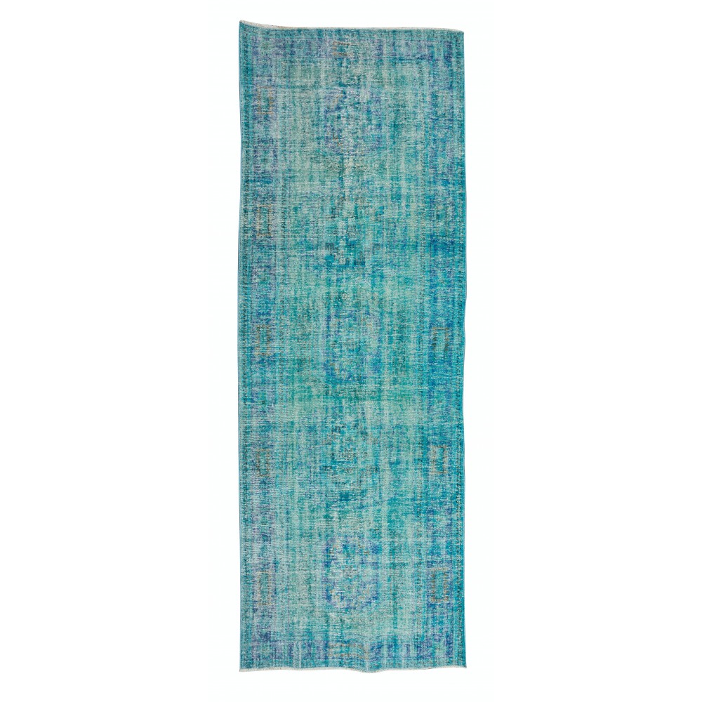 Contemporary Handmade Turkish Runner Rug Over-Dyed in Teal Color for Hallway Decor