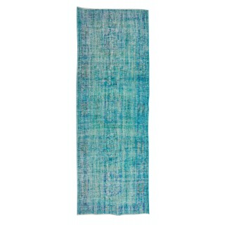 Contemporary Handmade Turkish Runner Rug Over-Dyed in Teal Color for Hallway Decor