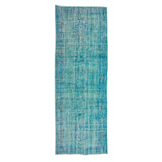 Contemporary Vintage Handmade Anatolian Runner Rug Over-Dyed in Teal Color for Hallway Decor Contemporary Vintage Handmade Anatolian Runner Rug Over-Dyed in Teal Color for Hallway Decor