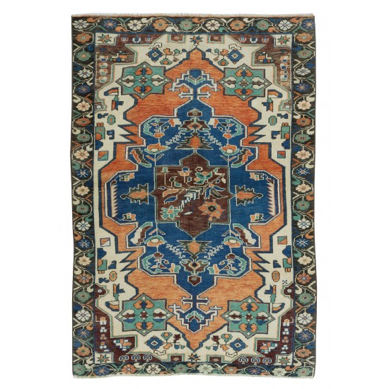 Bohemian Style Hand Knotted Vintage Turkish Wool Rug with Medallion Design
