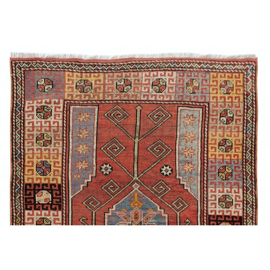 One-of-a-Kind Vintage Handmade Anatolian Rug in Red, Blue, Orange & Purple Color