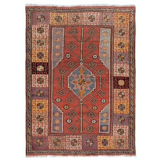 One-of-a-Kind Vintage Handmade Anatolian Rug in Red, Blue, Orange & Purple Color