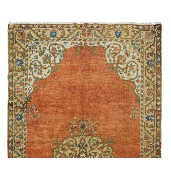 1963's Oriental Rug, Hand Knotted Turkish Wool Carpet with Medallion Design in Red, Brown, Cream & Blue