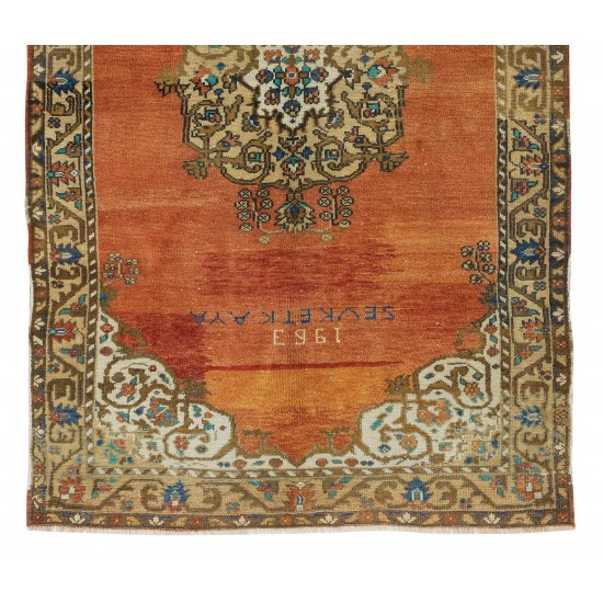 1963's Oriental Rug, Hand Knotted Turkish Wool Carpet with Medallion Design in Red, Brown, Cream & Blue