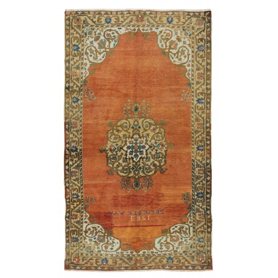 1963's Oriental Rug, Hand Knotted Turkish Wool Carpet with Medallion Design in Red, Brown, Cream & Blue 1963's Oriental Rug, Hand Knotted Turkish Wool Carpet with Medallion Design in Red, Brown, Cream & Blue
