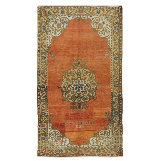 1963's Oriental Rug, Hand Knotted Turkish Wool Carpet with Medallion Design in Red, Brown, Cream & Blue