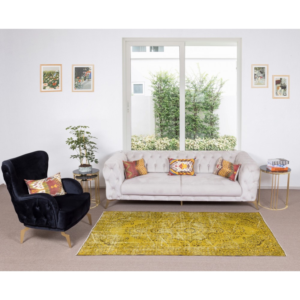 Vintage Turkish Wool Rug Over-Dyed in Yellow, Handmade Yellow Carpet for Modern Home & Office Decor