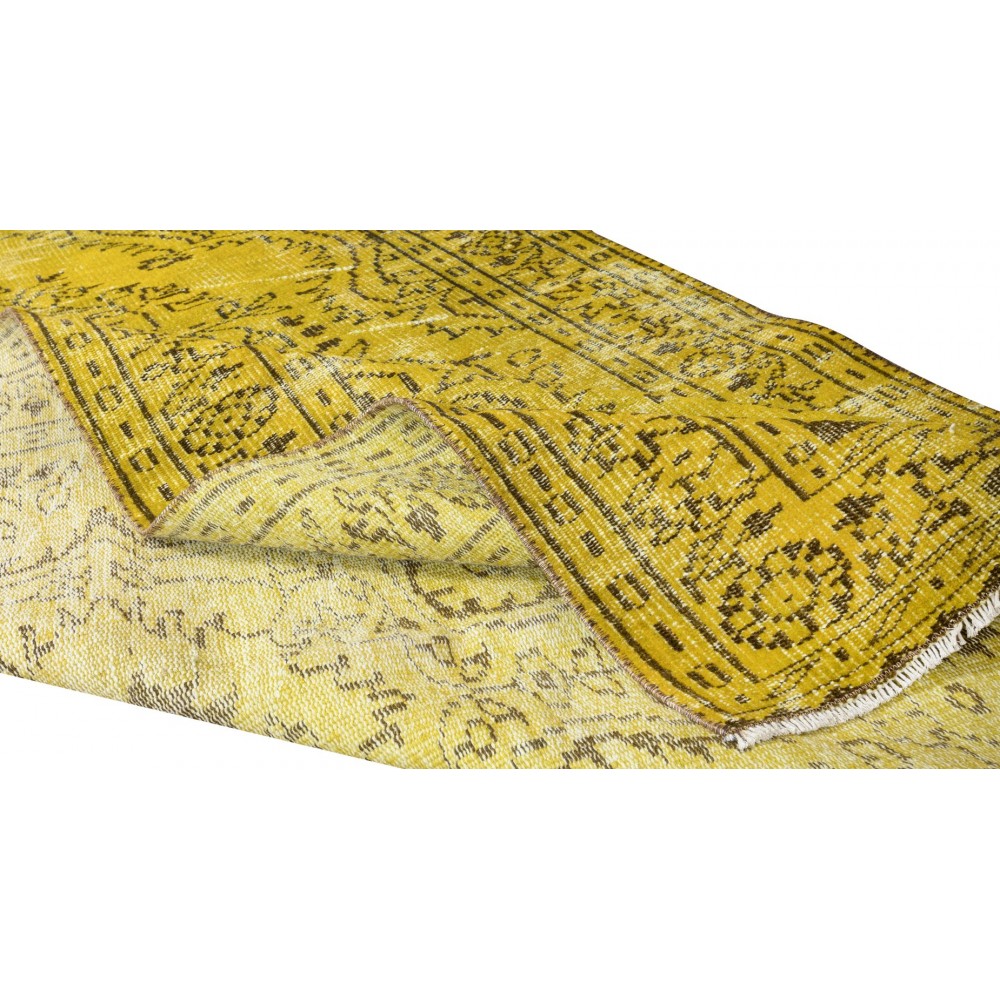 Vintage Turkish Wool Rug Over-Dyed in Yellow, Handmade Yellow Carpet for Modern Home & Office Decor
