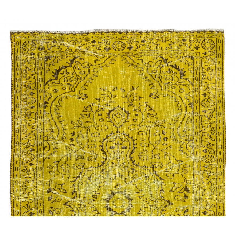 Vintage Turkish Wool Rug Over-Dyed in Yellow, Handmade Yellow Carpet for Modern Home & Office Decor