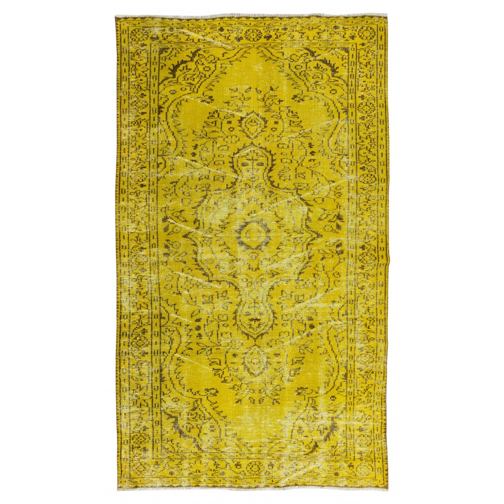 Vintage Turkish Wool Rug Over-Dyed in Yellow, Handmade Yellow Carpet for Modern Home & Office Decor