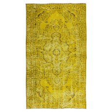 Vintage Turkish Wool Rug Over-Dyed in Yellow, Handmade Yellow Carpet for Modern Home & Office Decor