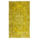 Vintage Turkish Wool Rug Over-Dyed in Yellow, Handmade Yellow Carpet for Modern Home & Office Decor