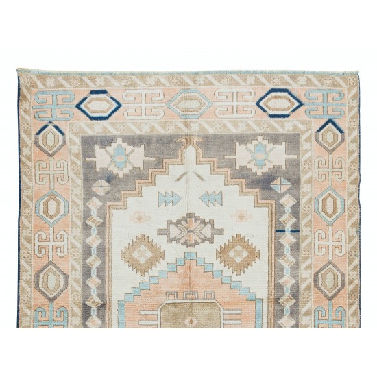 1960's Geometric Wool Area Rug, Vintage Hand Knotted Turkish Carpet