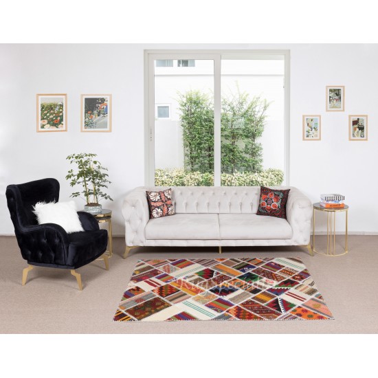 Central Anatolian Handmade Patchwork Rug Made from Vintage Kilims