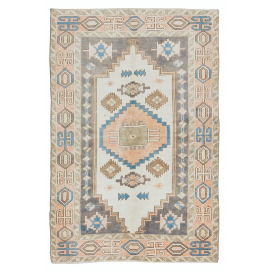 1960's Geometric Wool Area Rug, Vintage Hand Knotted Turkish Carpet 1960's Geometric Wool Area Rug, Vintage Hand Knotted Turkish Carpet