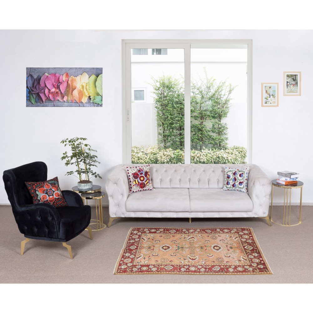 Decorative Turkish Rug, Modern Hand Knotted Carpet with Floral Design, 100% Wool